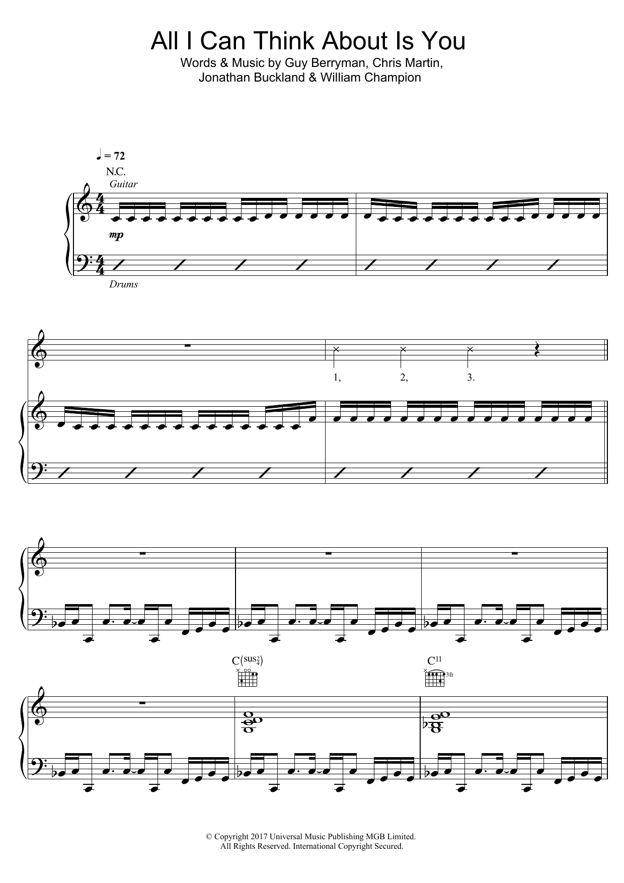 Coldplay All I Can Think About Is You sheet music notes and chords arranged for Piano, Vocal & Guitar Chords