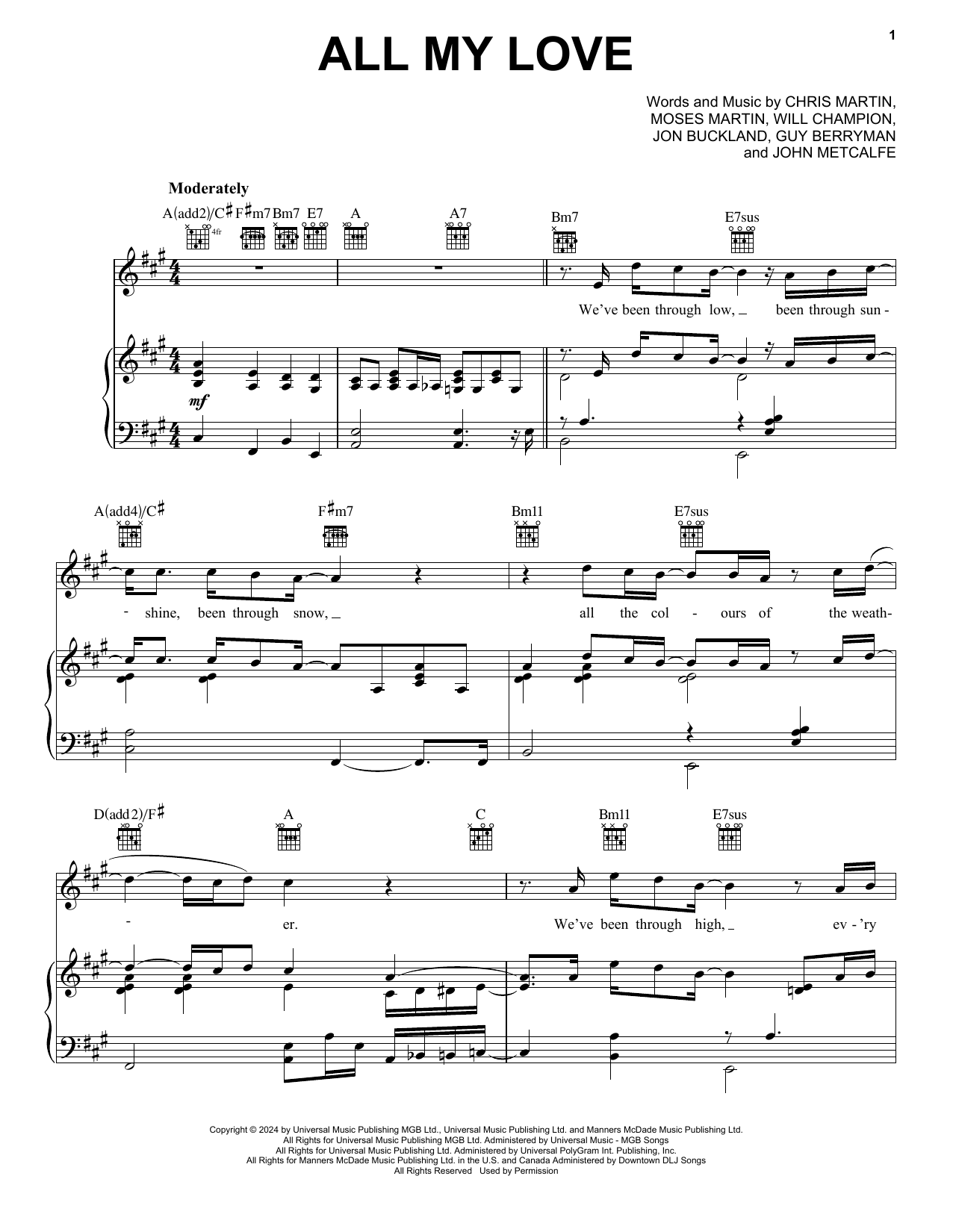 Coldplay All My Love sheet music notes and chords arranged for Really Easy Piano
