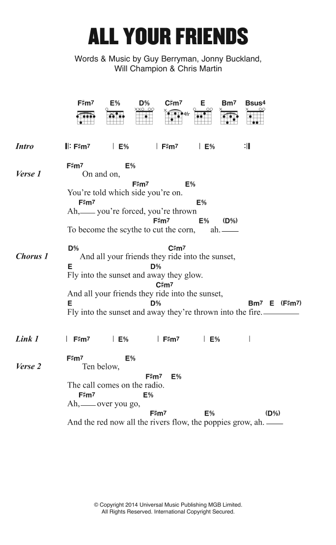 Coldplay All Your Friends sheet music notes and chords arranged for Guitar Chords/Lyrics