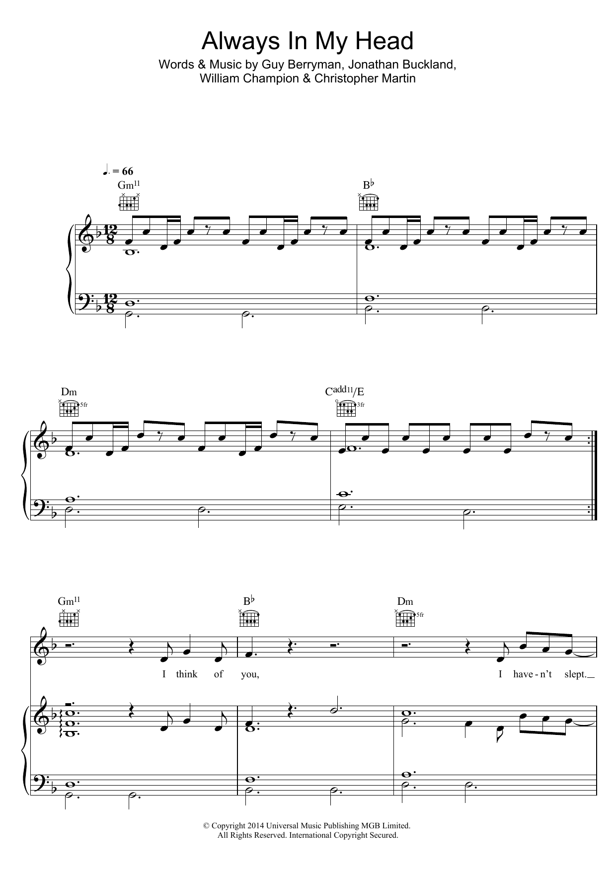 Coldplay Always In My Head sheet music notes and chords arranged for Piano, Vocal & Guitar Chords