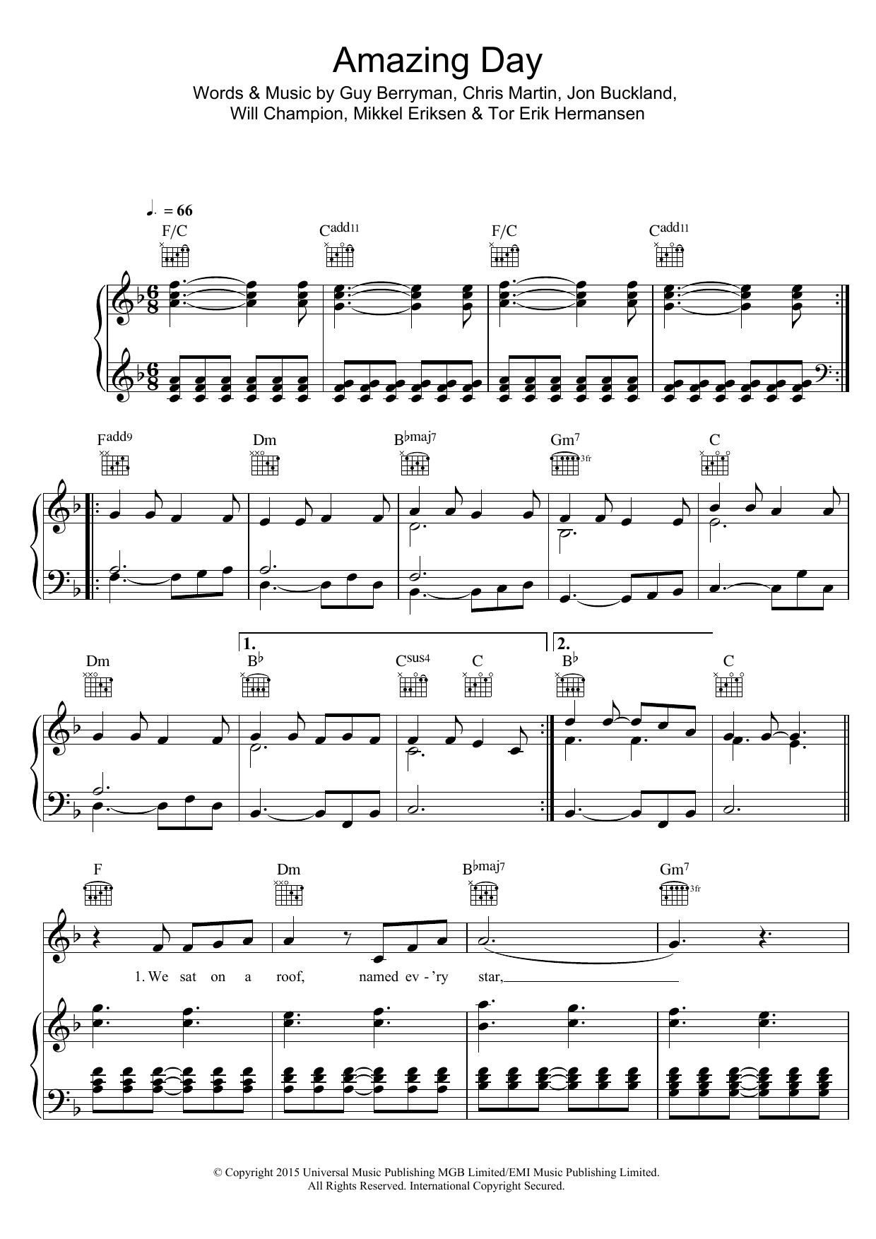 Coldplay Amazing Day sheet music notes and chords arranged for Piano, Vocal & Guitar Chords (Right-Hand Melody)