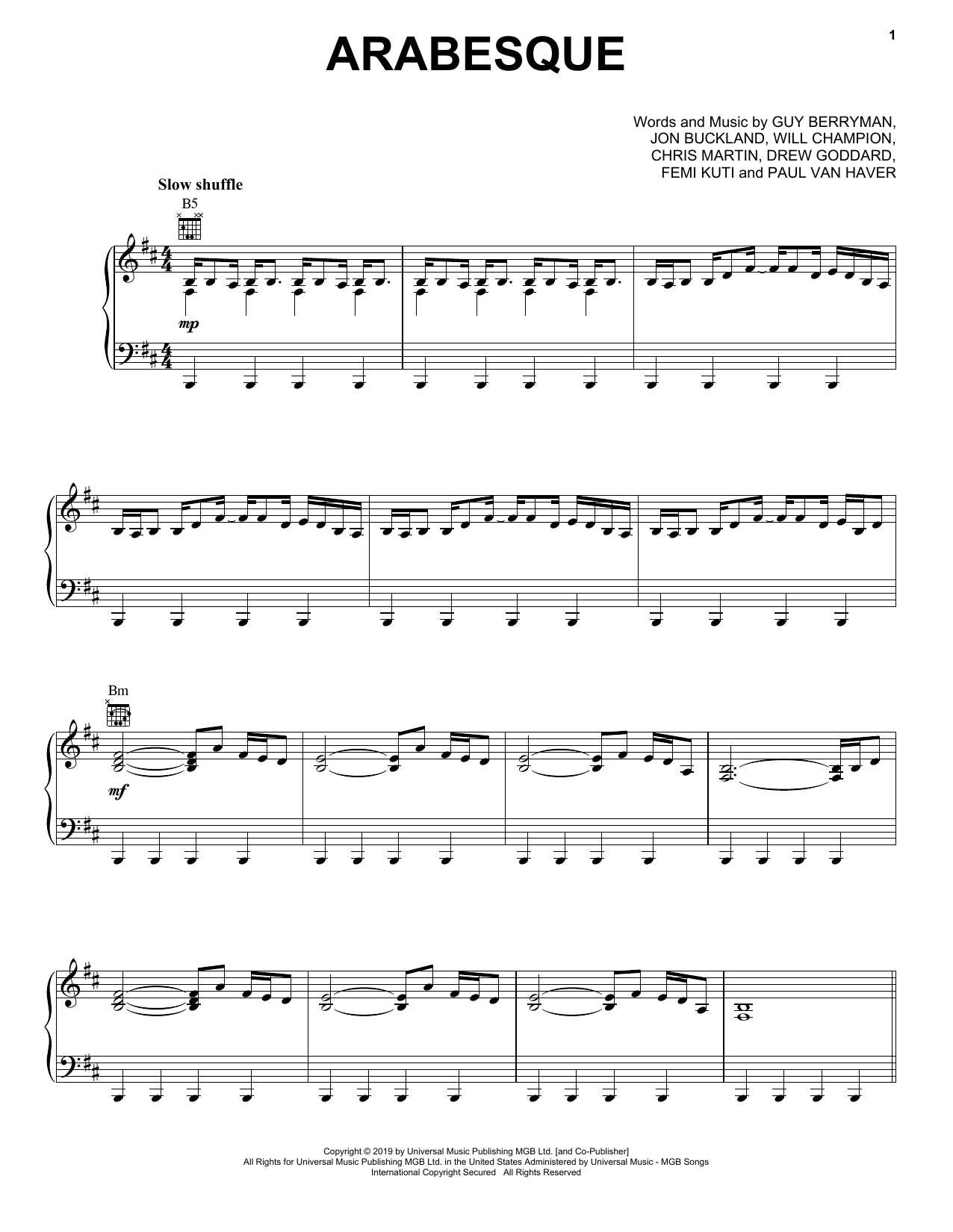 Coldplay Arabesque sheet music notes and chords arranged for Piano, Vocal & Guitar Chords (Right-Hand Melody)