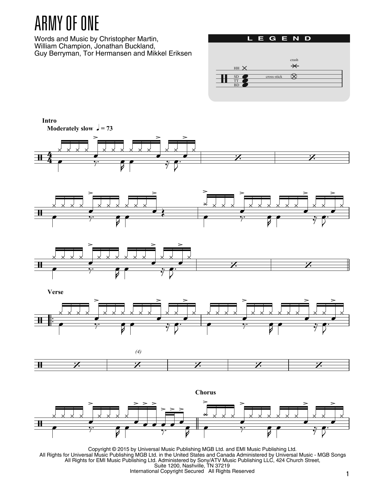 Coldplay Army Of One (arr. Kennan Wylie) sheet music notes and chords arranged for Drum Chart