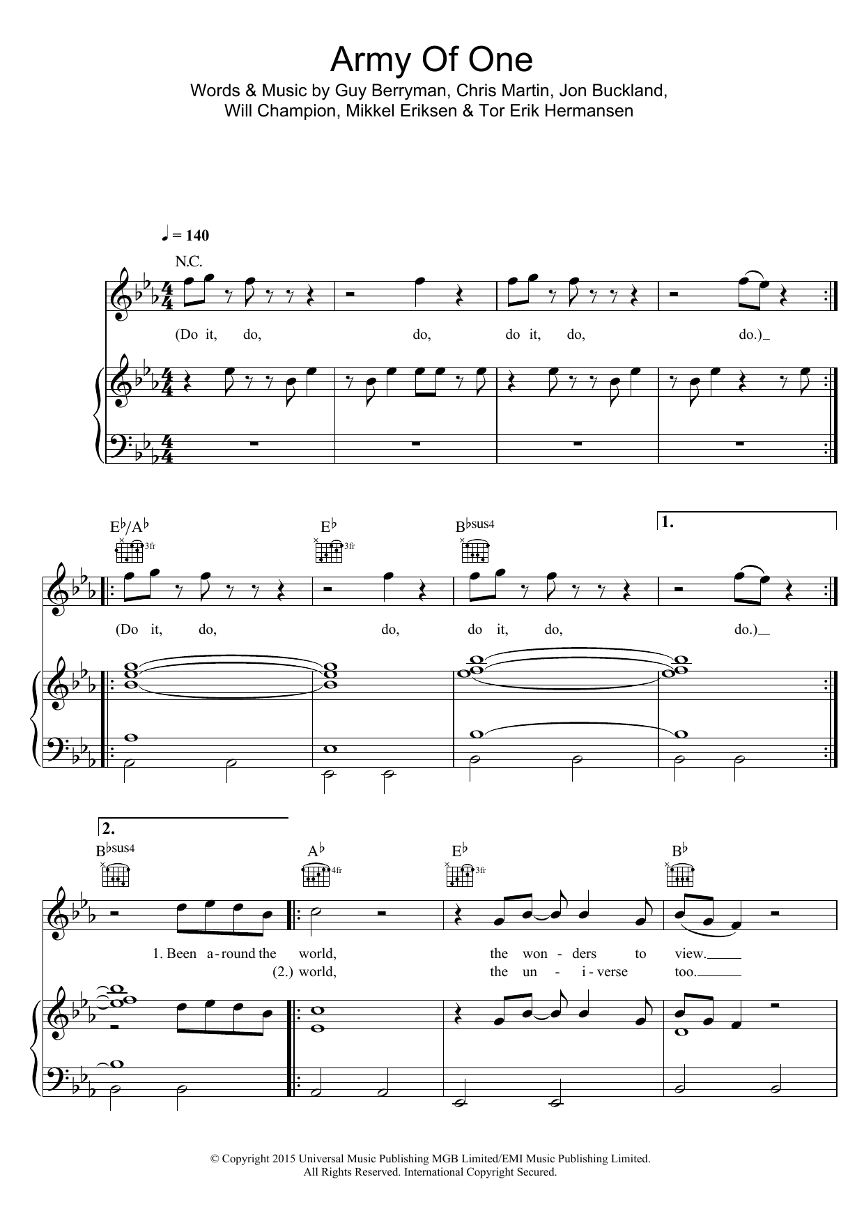 Coldplay Army Of One sheet music notes and chords arranged for Piano, Vocal & Guitar Chords (Right-Hand Melody)