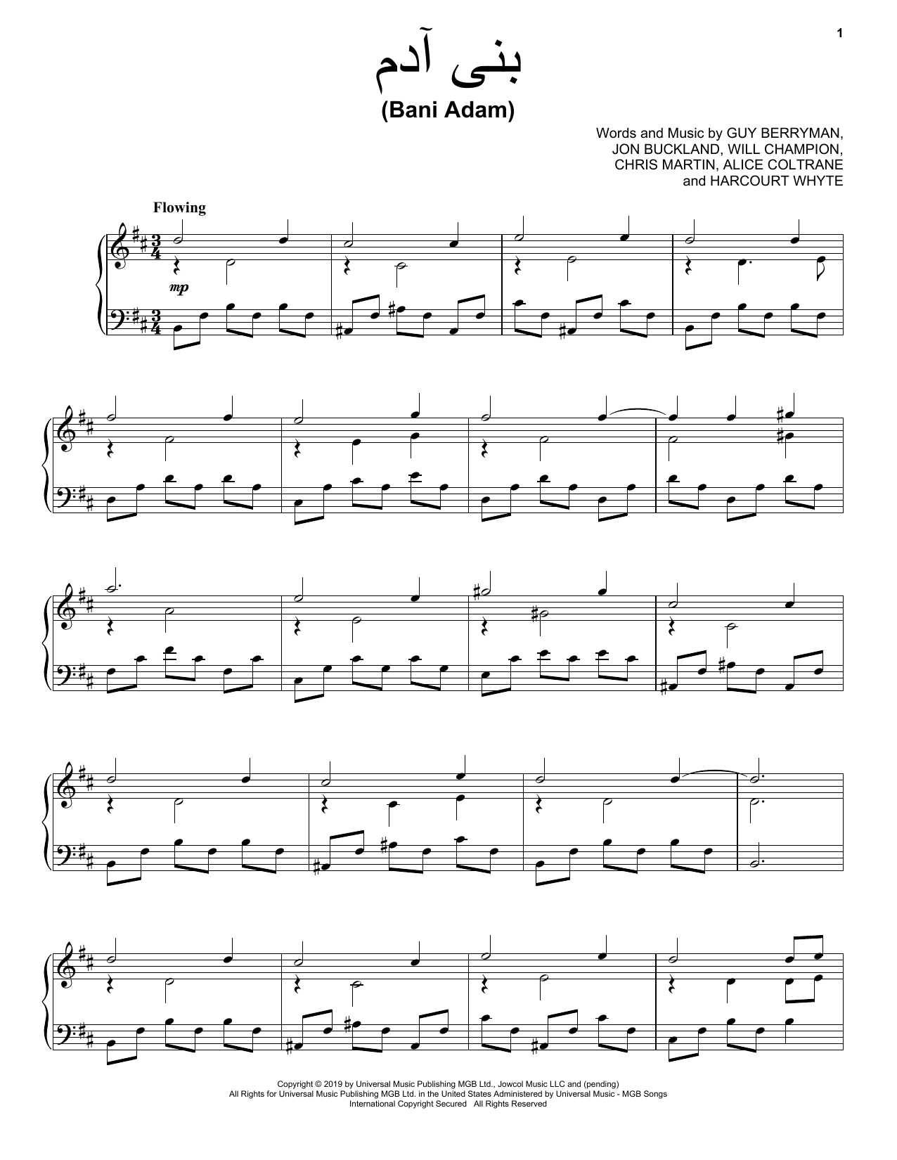 Coldplay Bani Adam sheet music notes and chords arranged for Piano, Vocal & Guitar Chords (Right-Hand Melody)