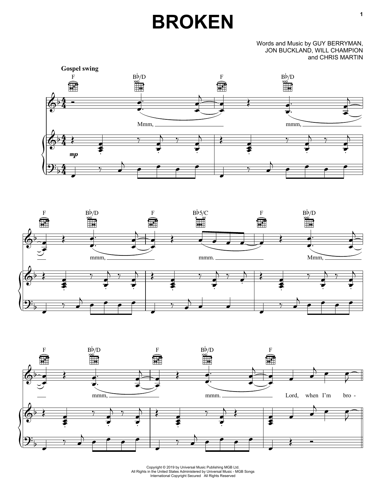 Coldplay Broken sheet music notes and chords arranged for Piano, Vocal & Guitar Chords (Right-Hand Melody)