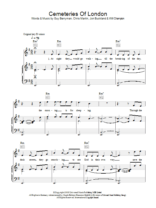 Coldplay Cemeteries Of London sheet music notes and chords arranged for Guitar Tab