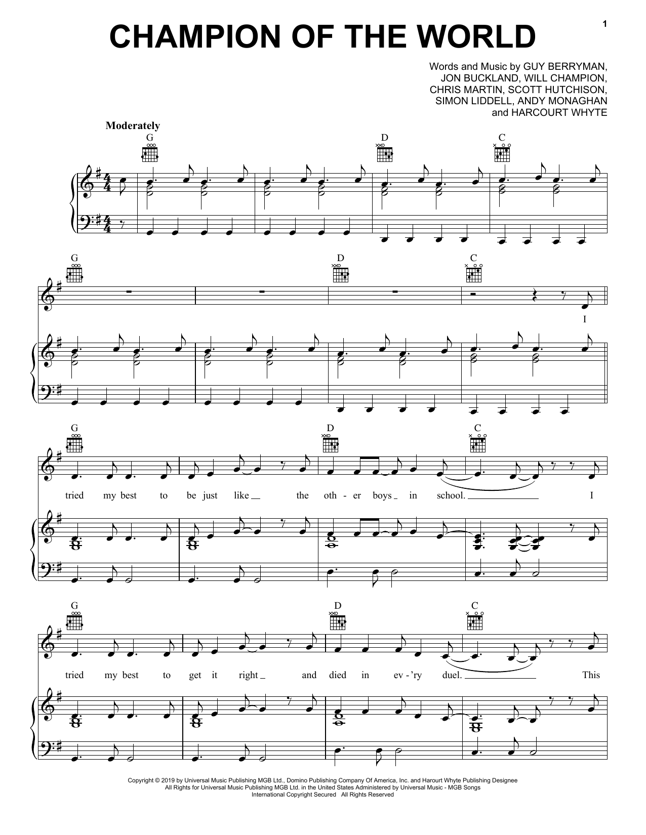 Coldplay Champion Of The World sheet music notes and chords arranged for Piano, Vocal & Guitar Chords (Right-Hand Melody)
