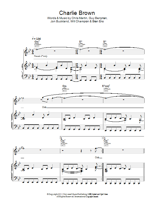 Coldplay Charlie Brown sheet music notes and chords arranged for Piano, Vocal & Guitar Chords (Right-Hand Melody)