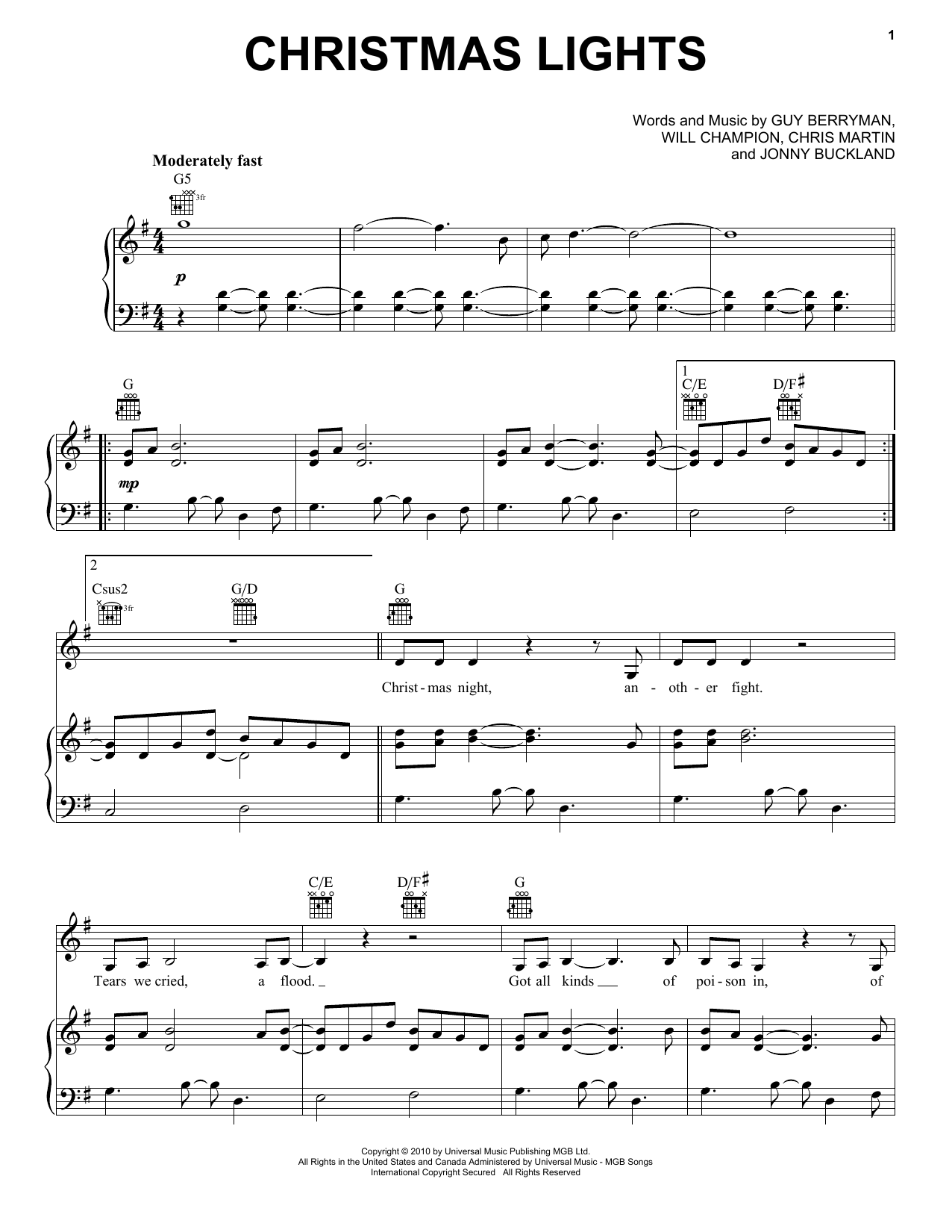 Coldplay Christmas Lights sheet music notes and chords arranged for Piano, Vocal & Guitar Chords
