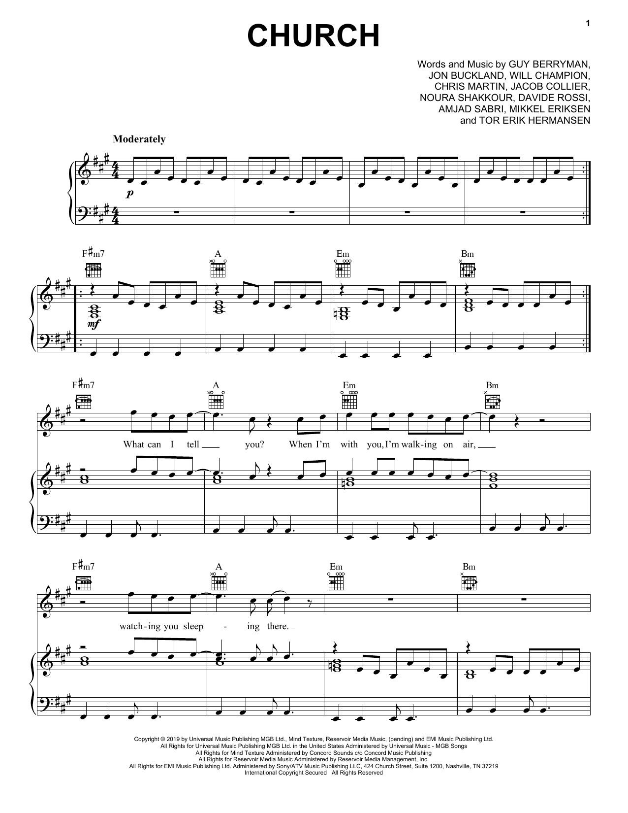 Coldplay Church sheet music notes and chords arranged for Piano, Vocal & Guitar Chords (Right-Hand Melody)
