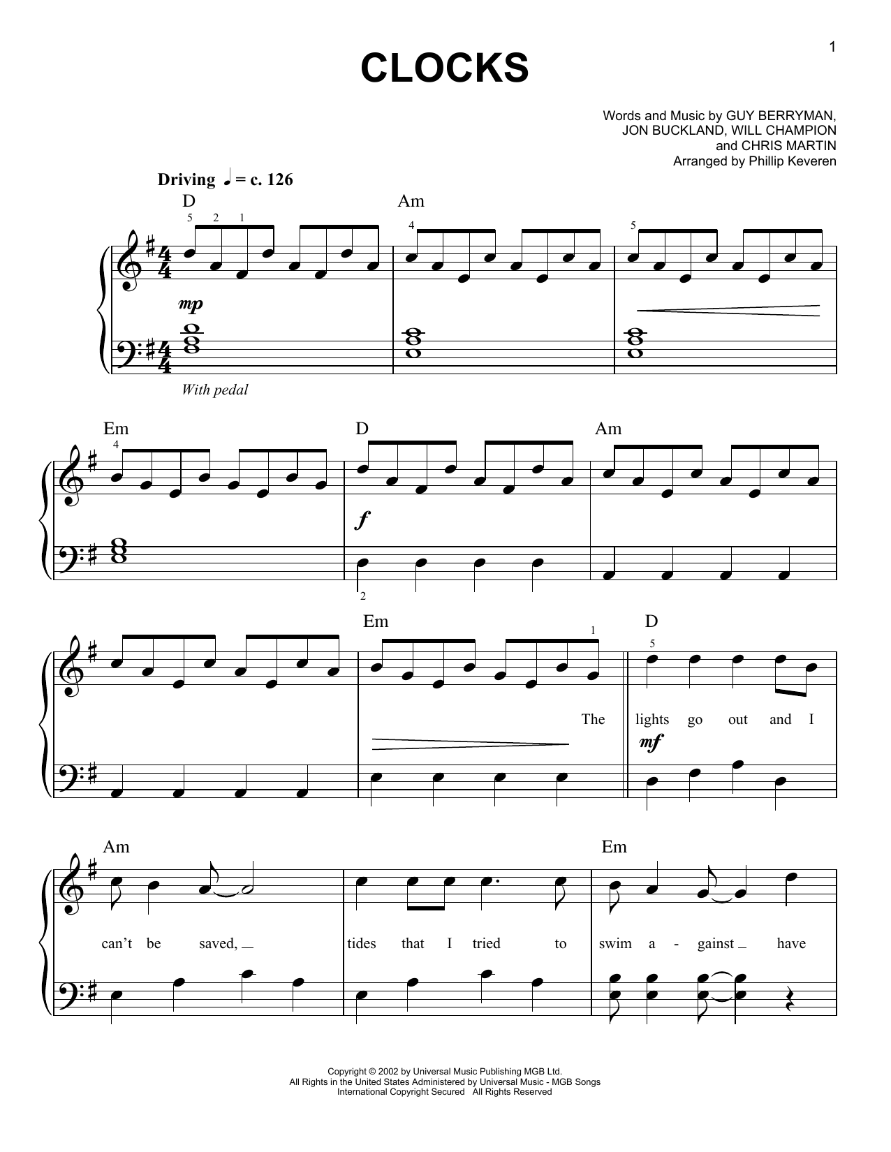 Coldplay Clocks (arr. Phillip Keveren) sheet music notes and chords arranged for Easy Piano
