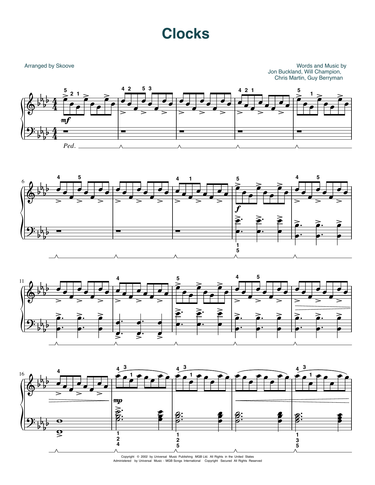 Coldplay Clocks (arr. Skoove) sheet music notes and chords arranged for Easy Piano