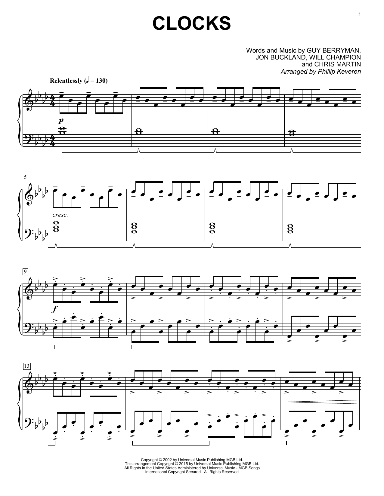 Coldplay Clocks [Classical version] (arr. Phillip Keveren) sheet music notes and chords arranged for Piano Solo