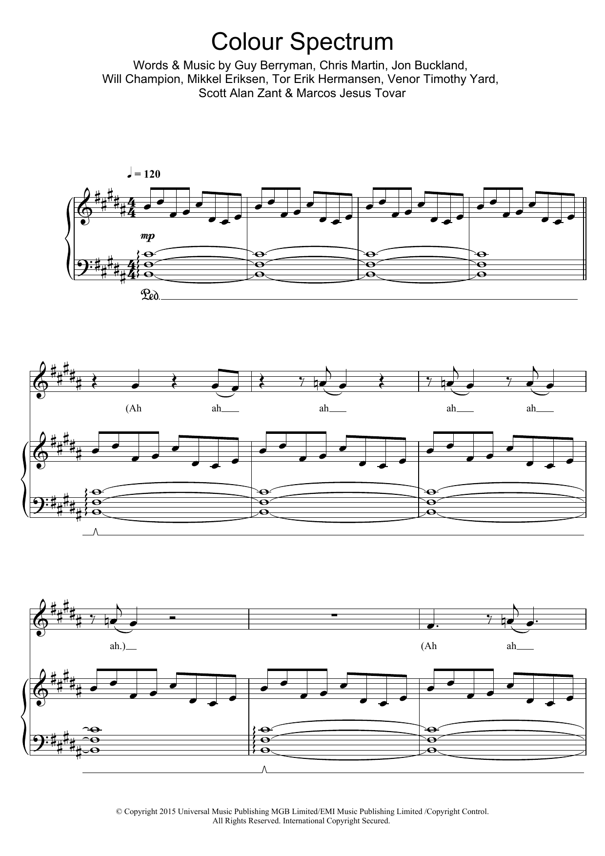 Coldplay Colour Spectrum sheet music notes and chords arranged for Piano, Vocal & Guitar Chords
