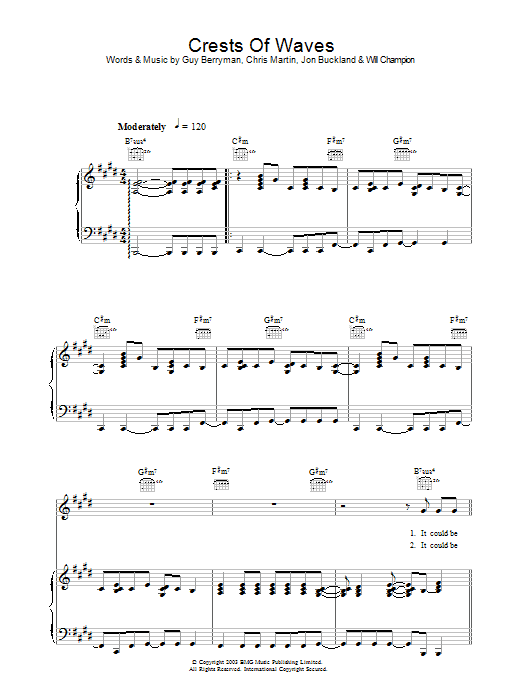 Coldplay Crests Of Waves sheet music notes and chords arranged for Piano, Vocal & Guitar Chords