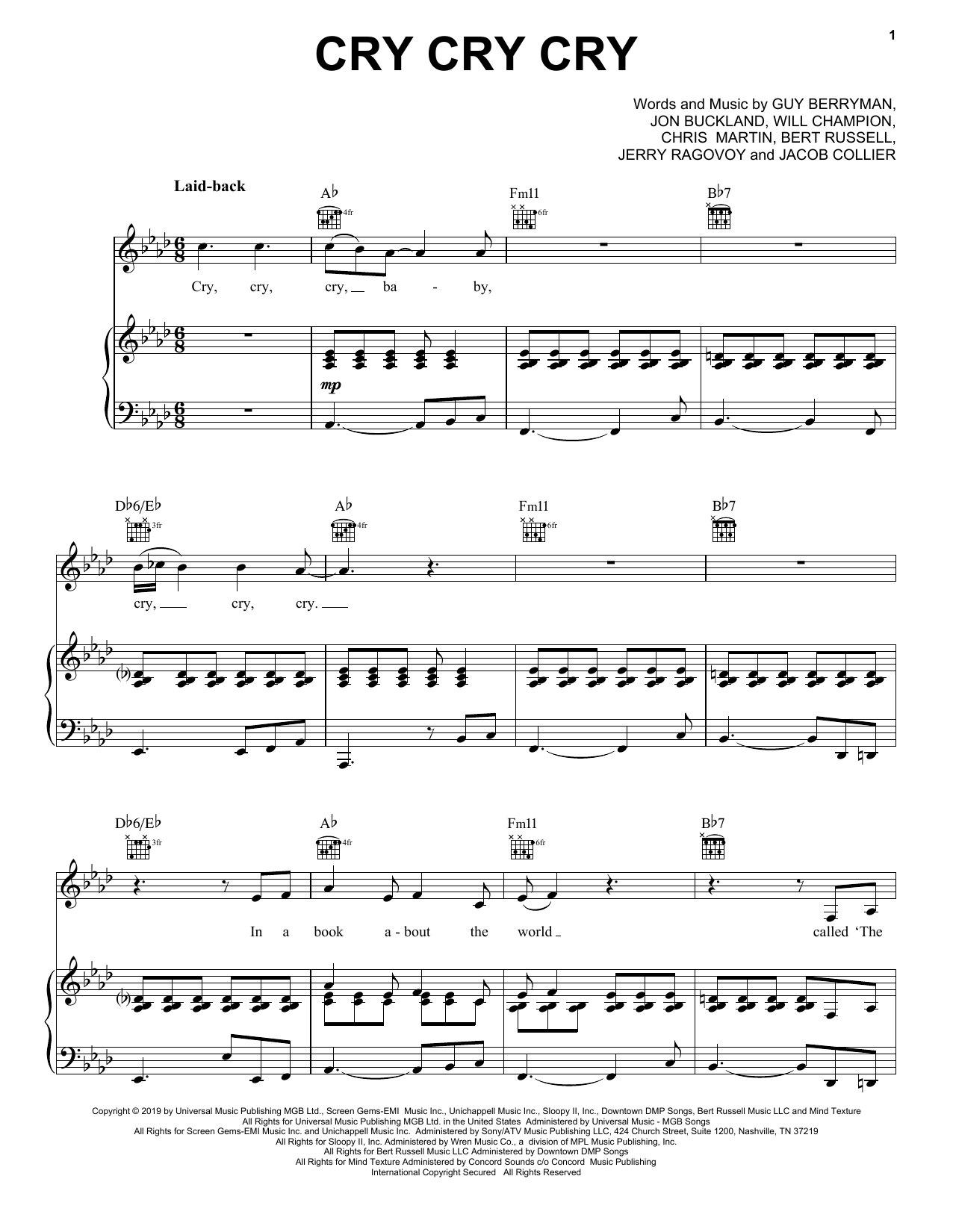 Coldplay Cry Cry Cry sheet music notes and chords arranged for Piano, Vocal & Guitar Chords (Right-Hand Melody)