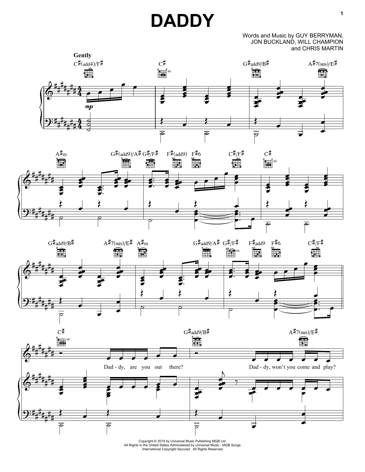 Coldplay Daddy sheet music notes and chords arranged for Piano, Vocal & Guitar Chords (Right-Hand Melody)