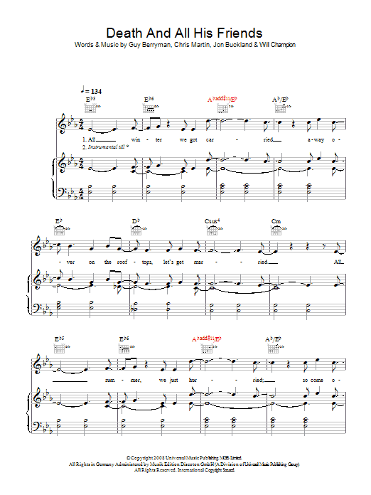 Coldplay Death And All His Friends sheet music notes and chords arranged for Keyboard Transcription