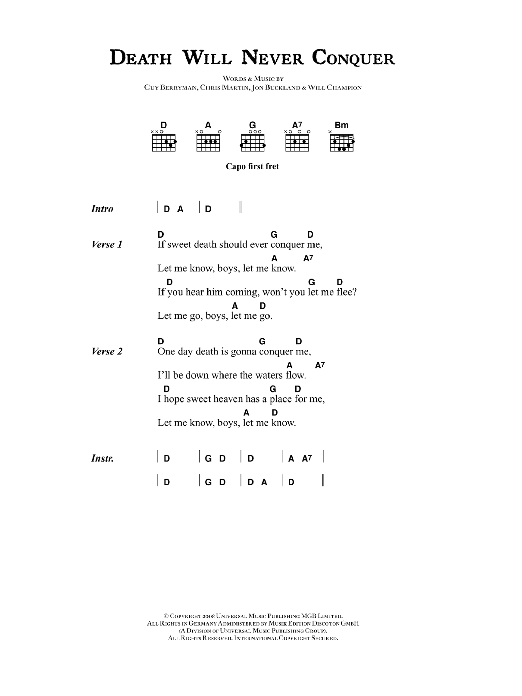 Coldplay Death Will Never Conquer sheet music notes and chords arranged for Guitar Chords/Lyrics