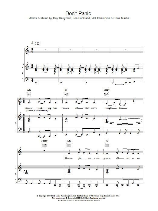 Coldplay Don't Panic sheet music notes and chords. Download Printable PDF.