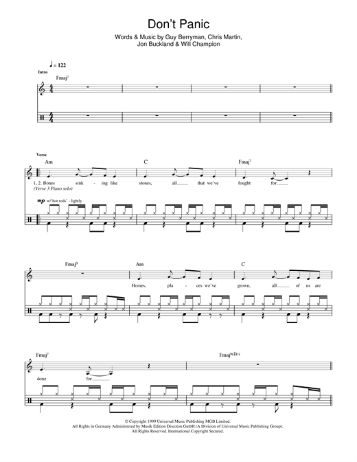 Coldplay Don't Panic sheet music notes and chords arranged for Drums