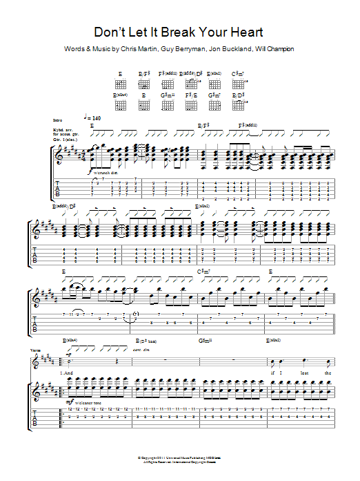 Coldplay Don't Let It Break Your Heart sheet music notes and chords arranged for Guitar Tab