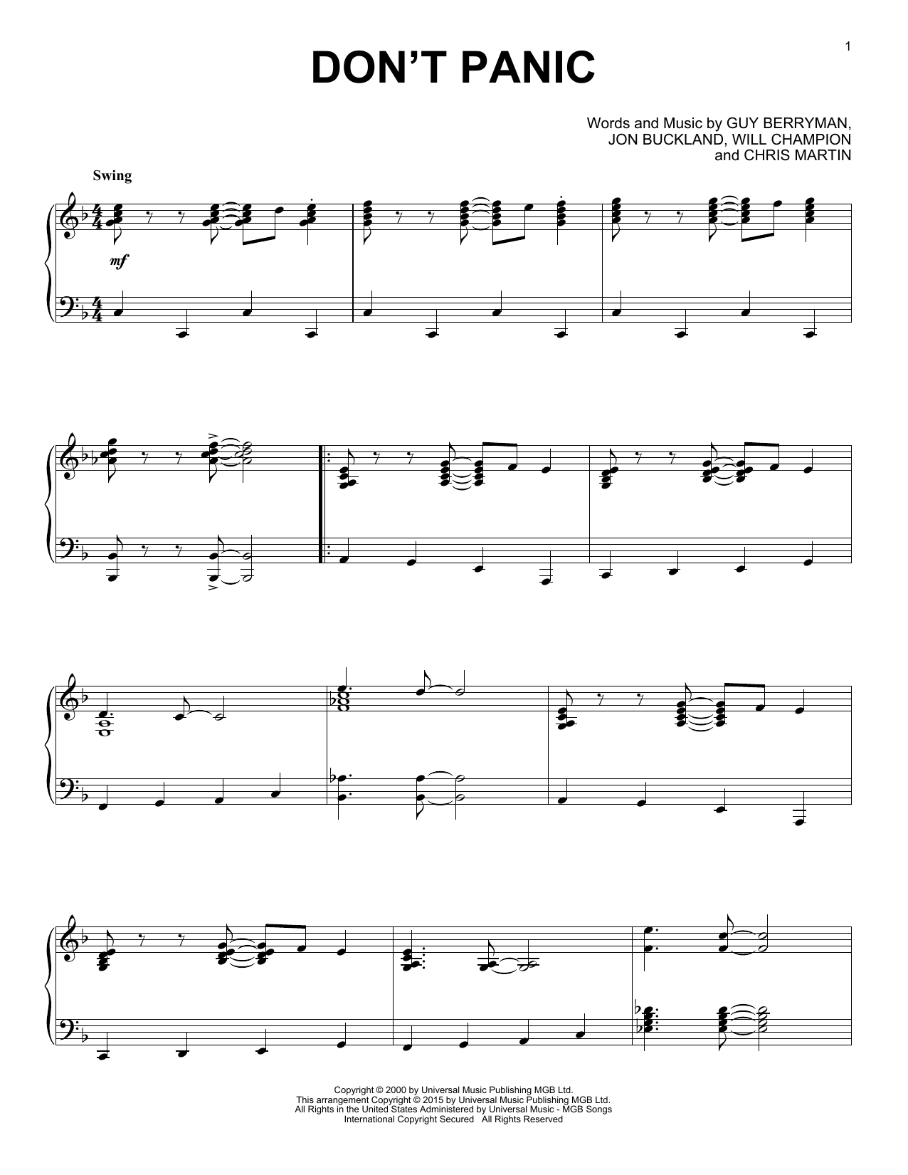 Coldplay Don't Panic [Jazz version] sheet music notes and chords arranged for Piano Solo