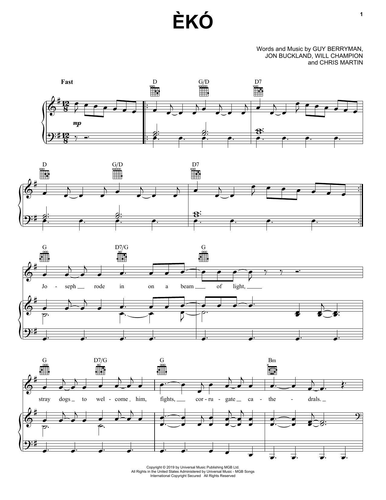 Coldplay Eko sheet music notes and chords arranged for Piano, Vocal & Guitar Chords (Right-Hand Melody)