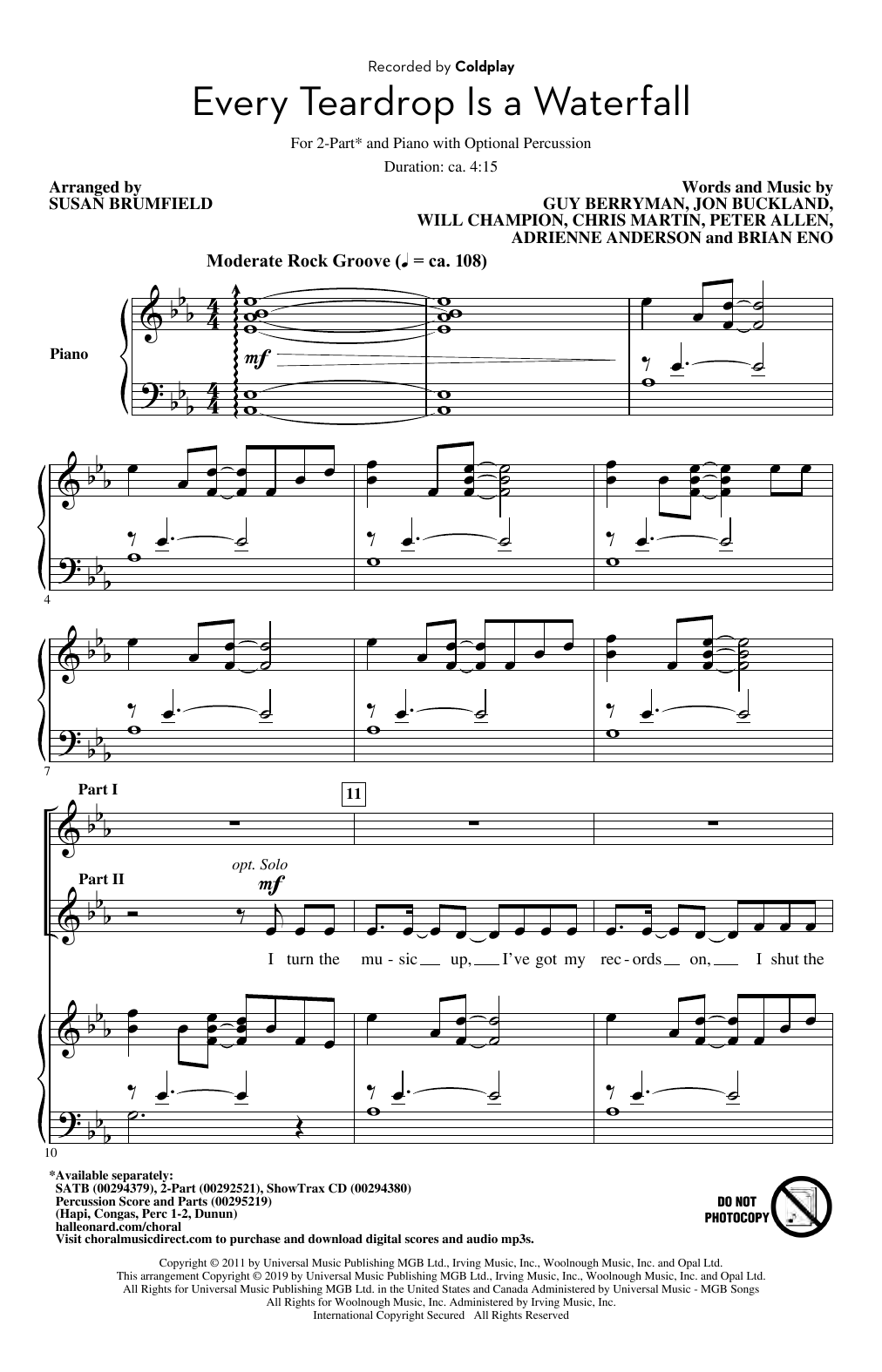 Coldplay Every Teardrop Is A Waterfall (arr. Susan Brumfield) sheet music notes and chords arranged for 2-Part Choir
