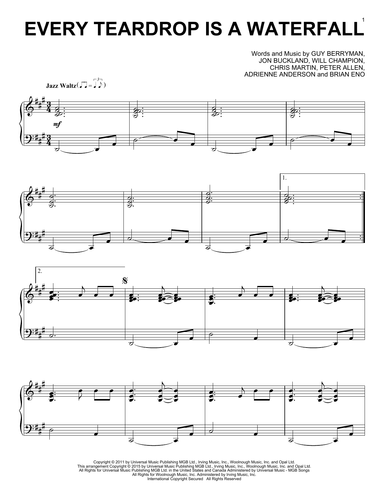Coldplay Every Teardrop Is A Waterfall [Jazz version] sheet music notes and chords arranged for Piano Solo