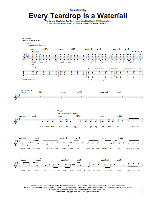 Coldplay Every Teardrop Is A Waterfall sheet music notes and chords arranged for Guitar Chords/Lyrics