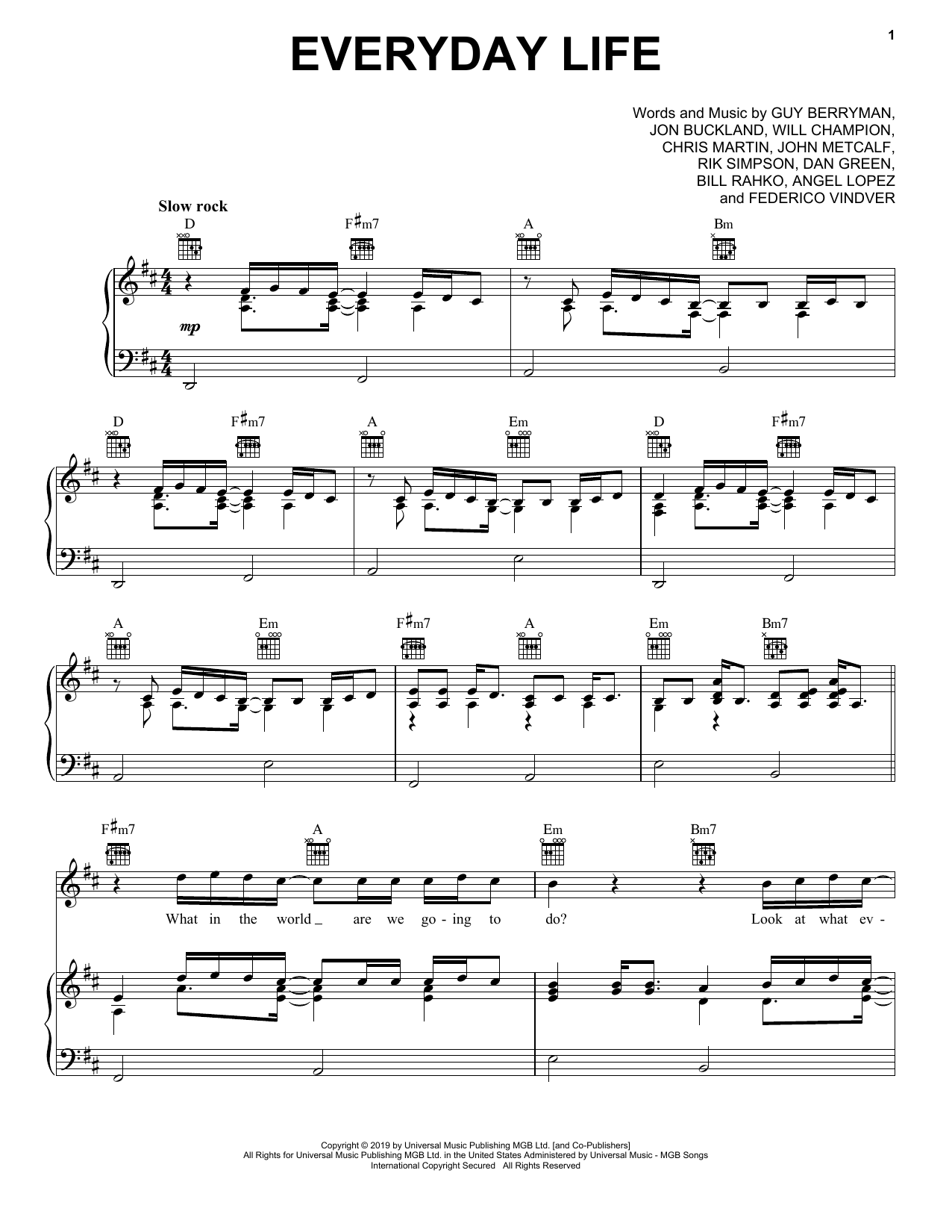 Coldplay Everyday Life sheet music notes and chords arranged for Piano, Vocal & Guitar Chords (Right-Hand Melody)