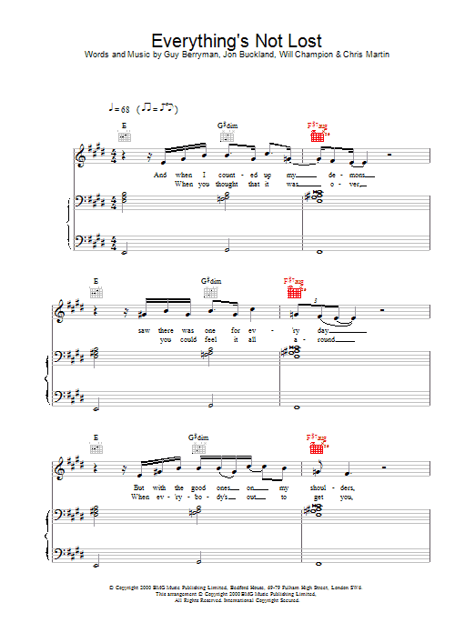 Coldplay Everything's Not Lost sheet music notes and chords arranged for Piano Chords/Lyrics
