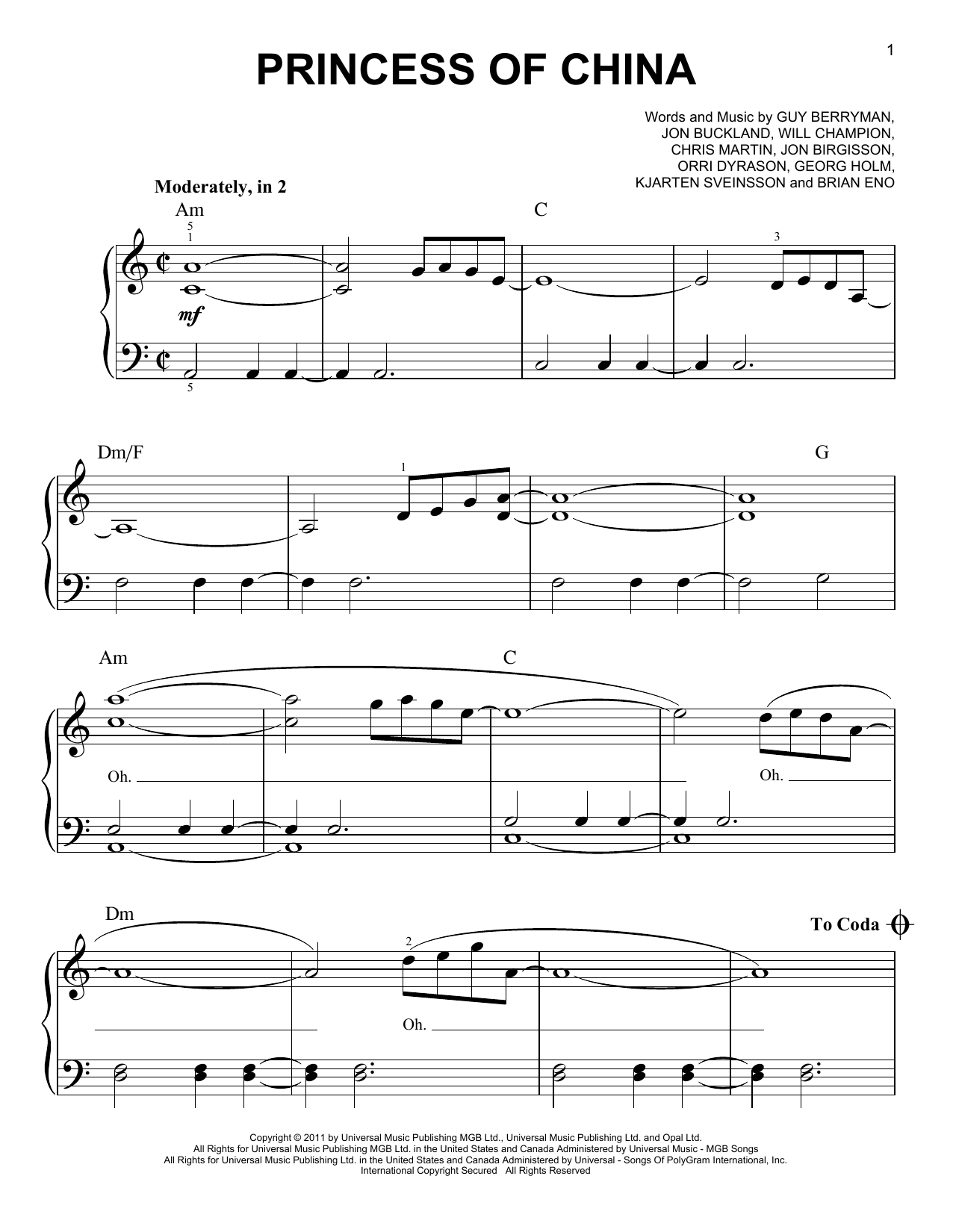 Coldplay featuring Rihanna Princess Of China sheet music notes and chords arranged for Easy Piano