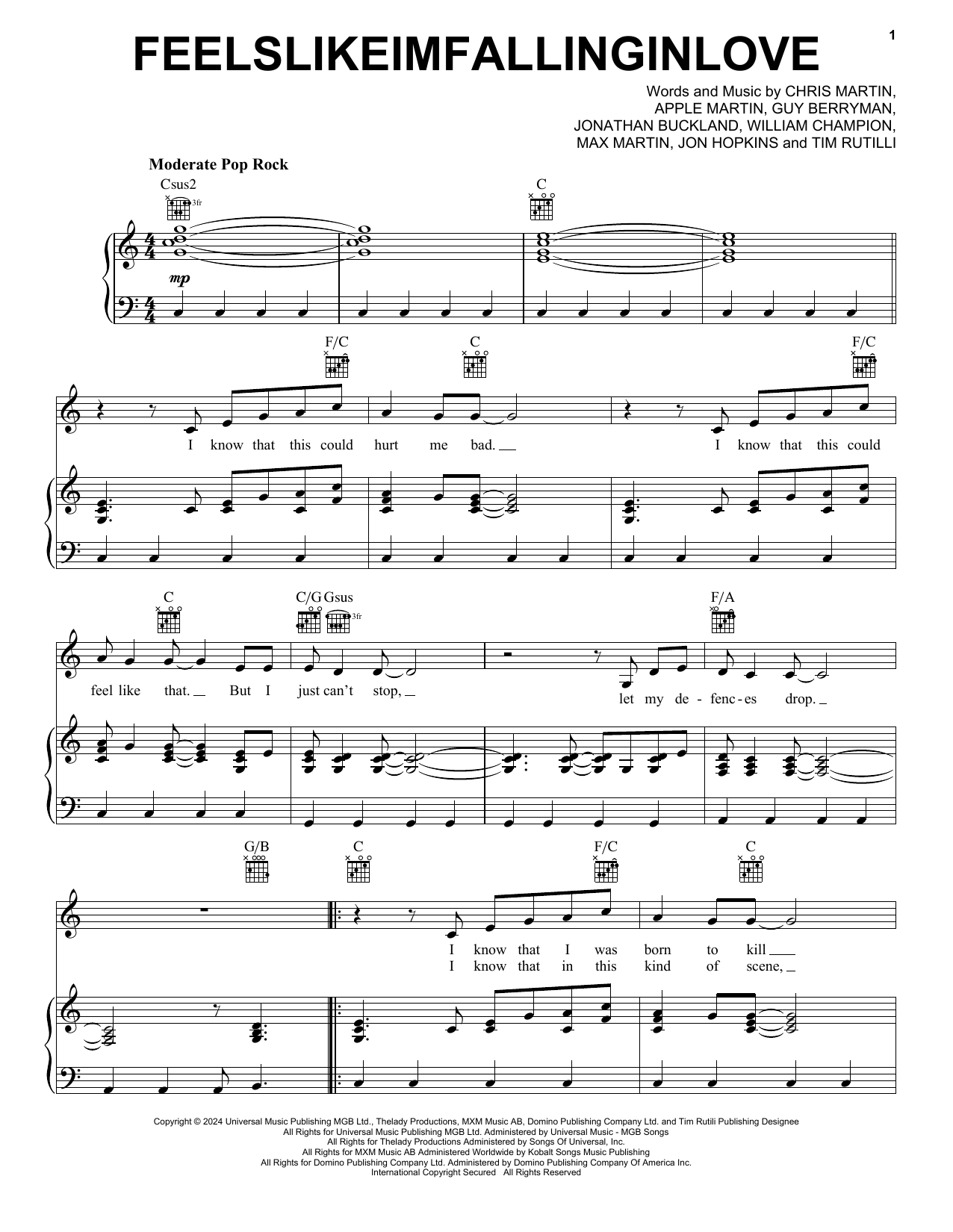Coldplay feelslikeimfallinginlove sheet music notes and chords arranged for Piano, Vocal & Guitar Chords (Right-Hand Melody)