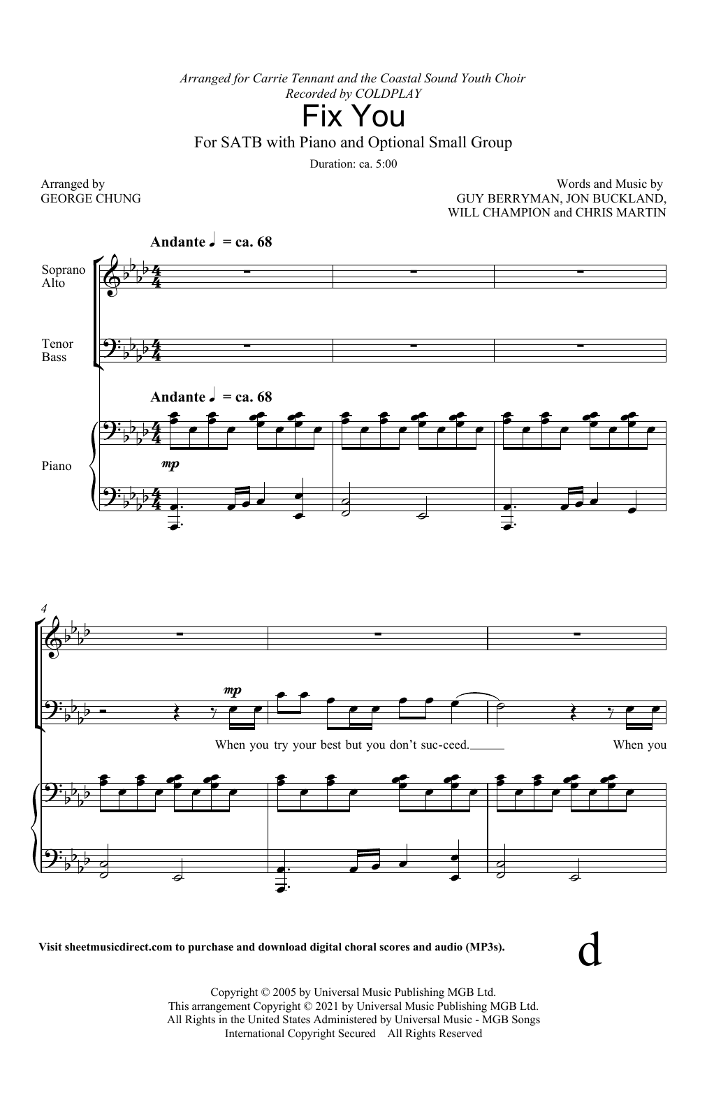 Coldplay Fix You (arr. George Chung) sheet music notes and chords arranged for SATB Choir