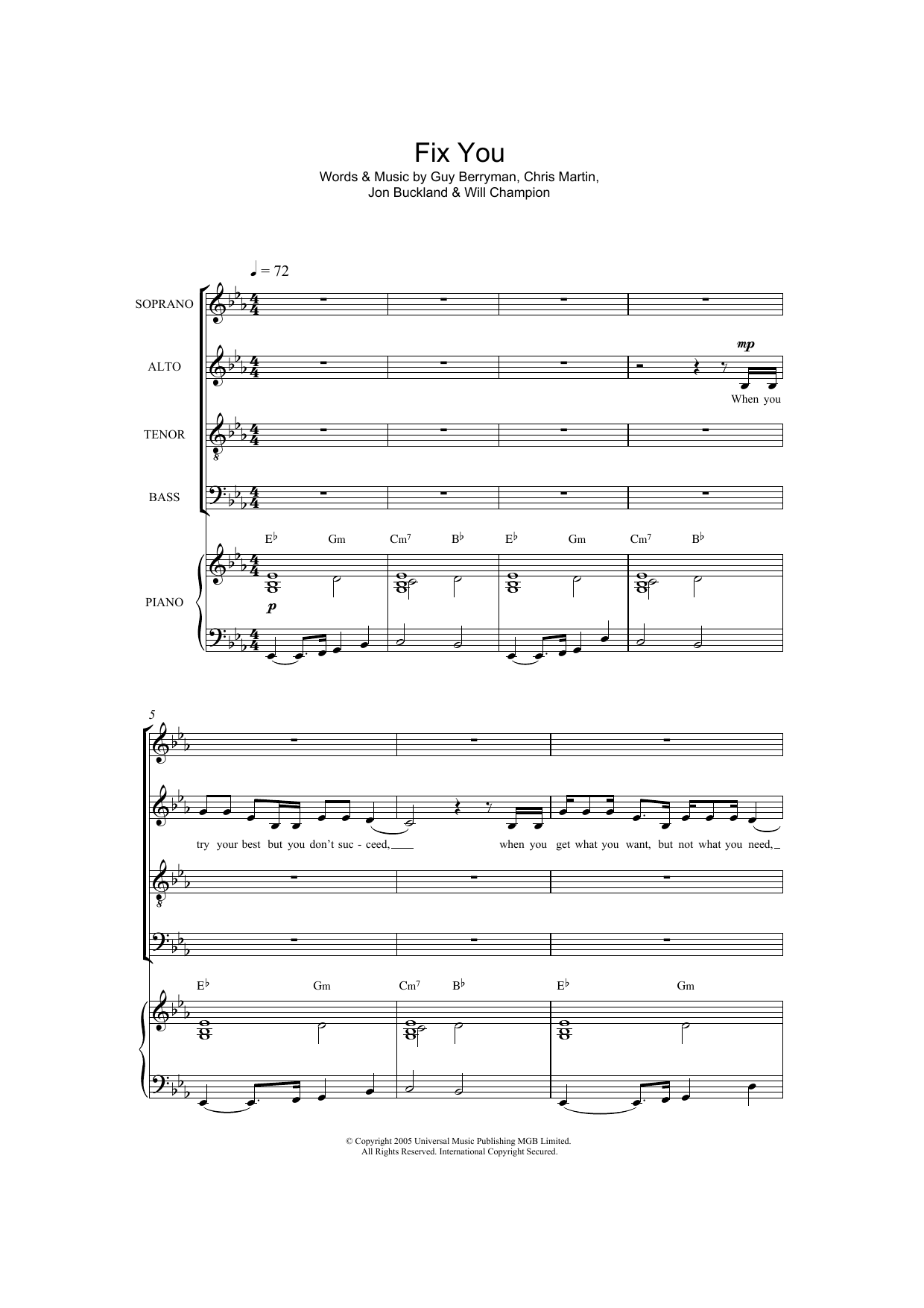 Coldplay Fix You (arr. Jonathan Wikeley) sheet music notes and chords arranged for SATB Choir