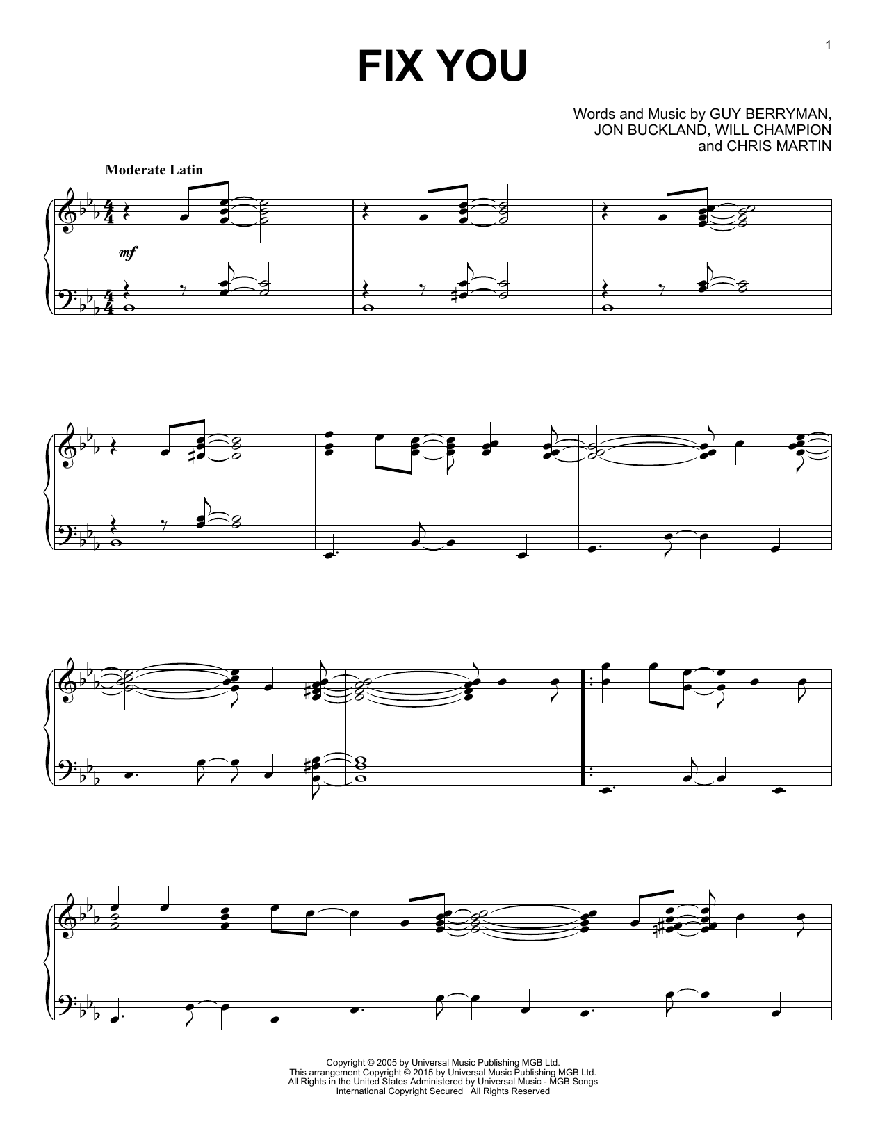 Coldplay Fix You [Jazz version] sheet music notes and chords arranged for Piano Solo
