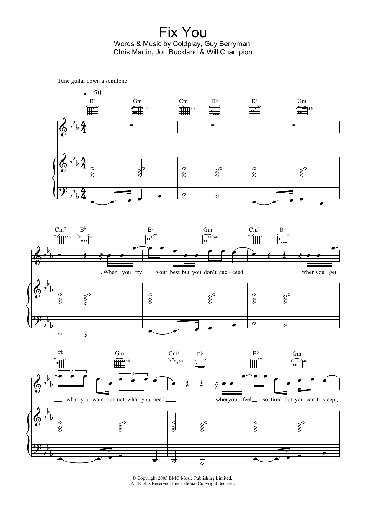 Coldplay Fix You sheet music notes and chords arranged for Piano Solo