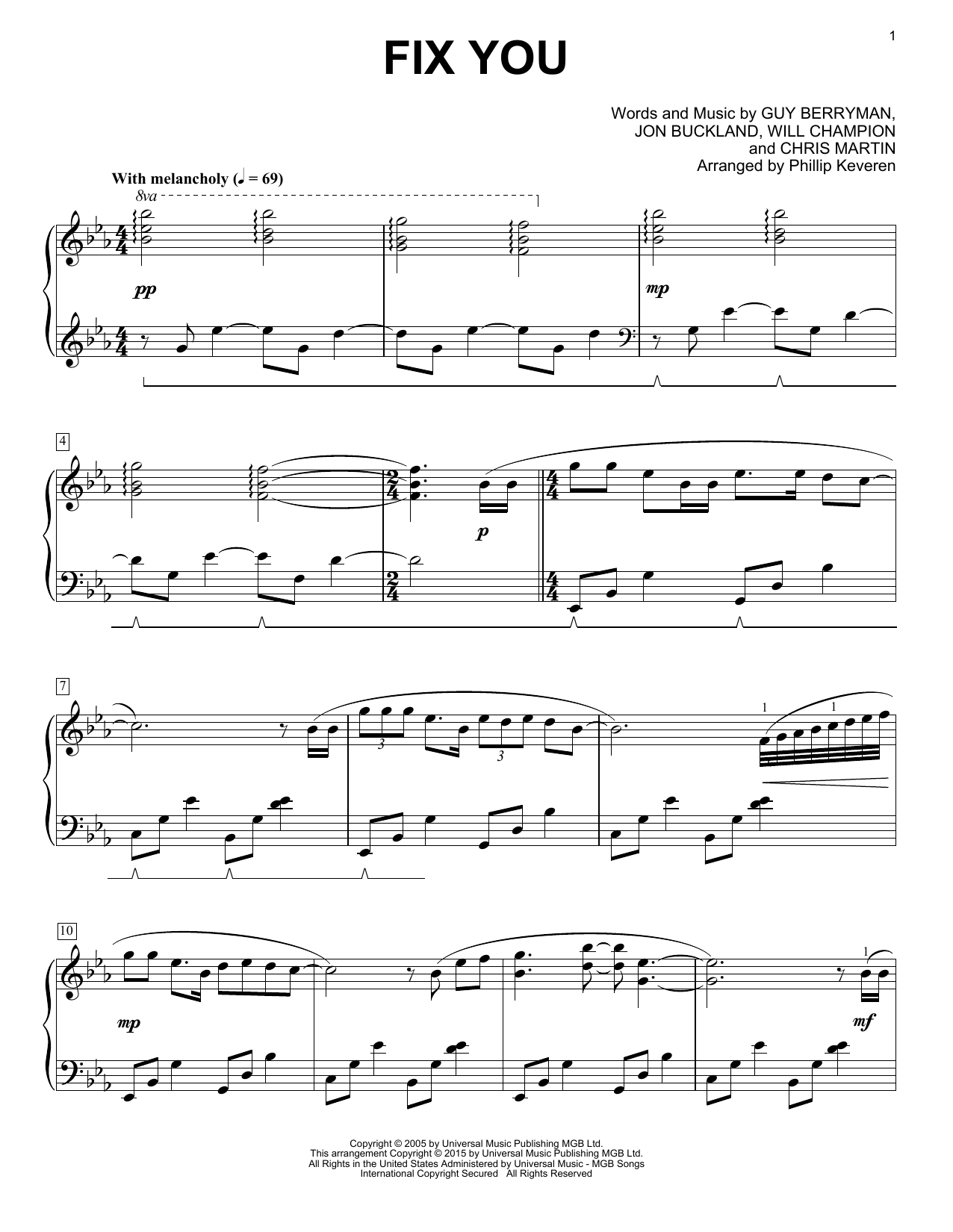 Coldplay Fix You [Classical version] (arr. Phillip Keveren) sheet music notes and chords arranged for Piano Solo