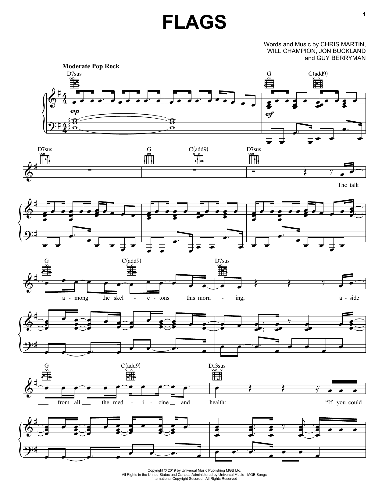 Coldplay Flags sheet music notes and chords arranged for Piano, Vocal & Guitar Chords (Right-Hand Melody)