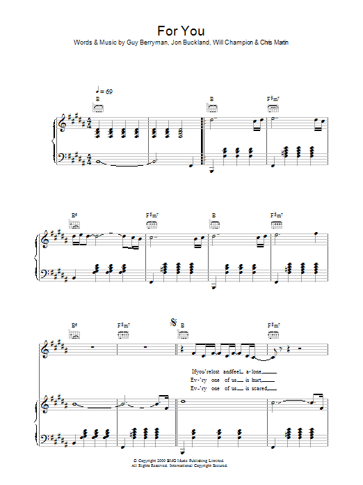 Coldplay For You sheet music notes and chords arranged for Keyboard Transcription