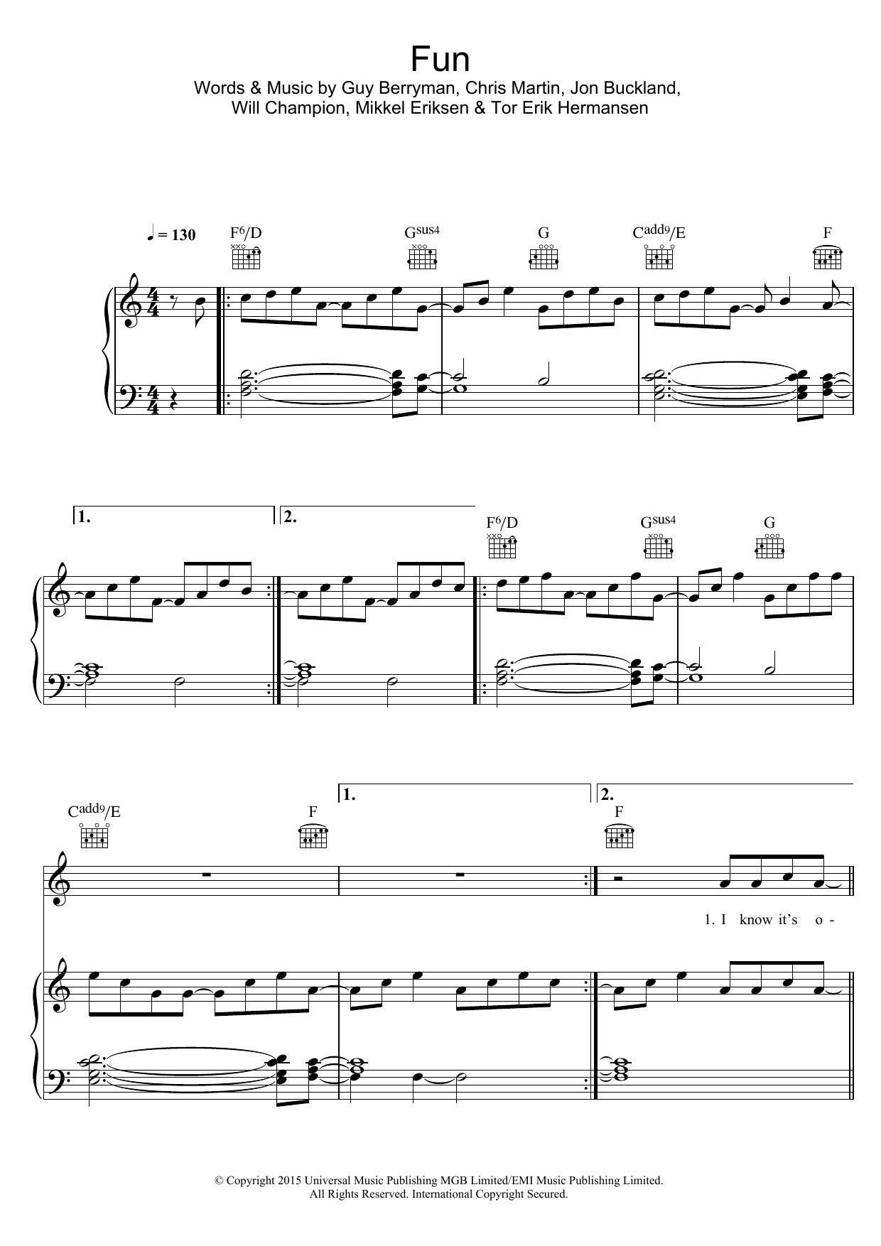 Coldplay Fun sheet music notes and chords arranged for Piano, Vocal & Guitar Chords