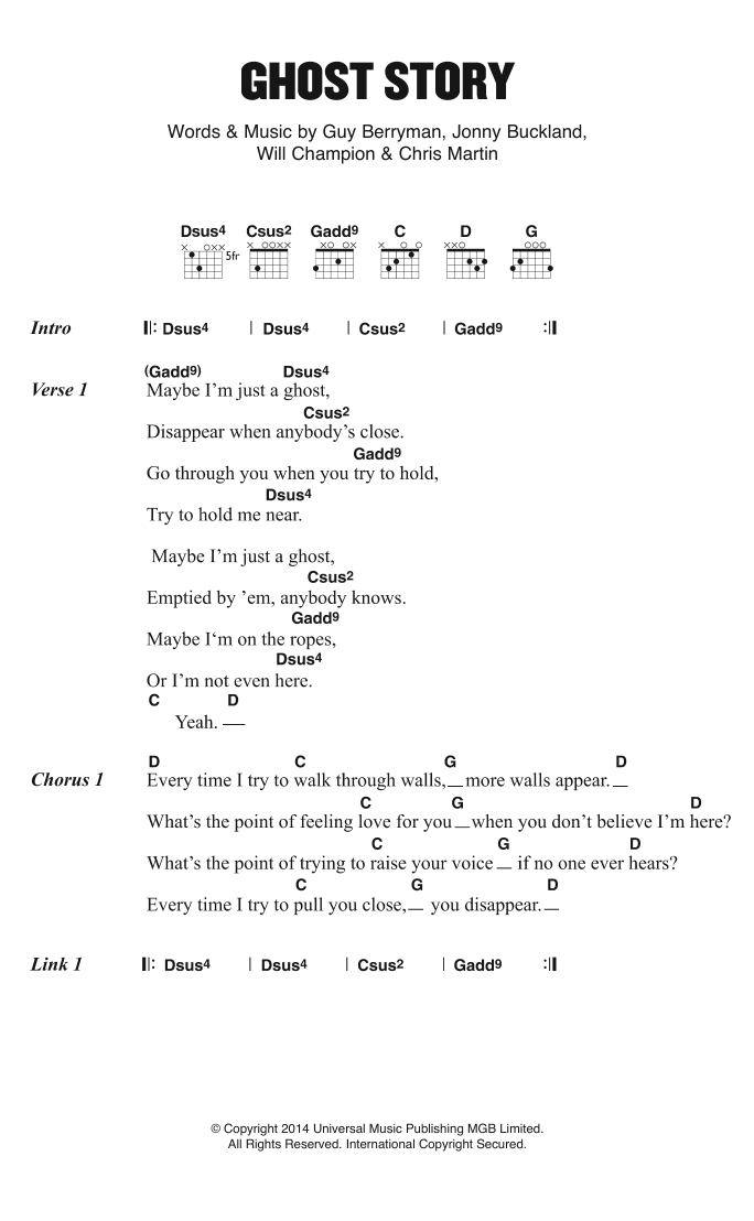 Coldplay Ghost Story sheet music notes and chords arranged for Guitar Chords/Lyrics