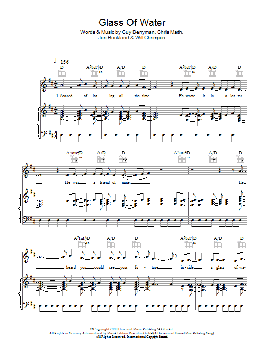 Coldplay Glass Of Water sheet music notes and chords arranged for Piano, Vocal & Guitar Chords