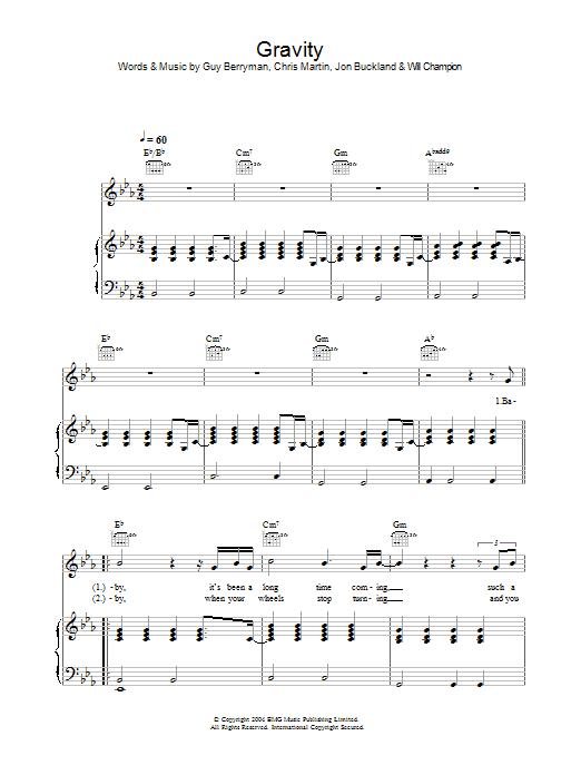 Coldplay Gravity sheet music notes and chords arranged for Piano, Vocal & Guitar Chords