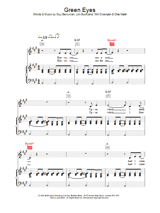 Coldplay Green Eyes sheet music notes and chords. Download Printable PDF.