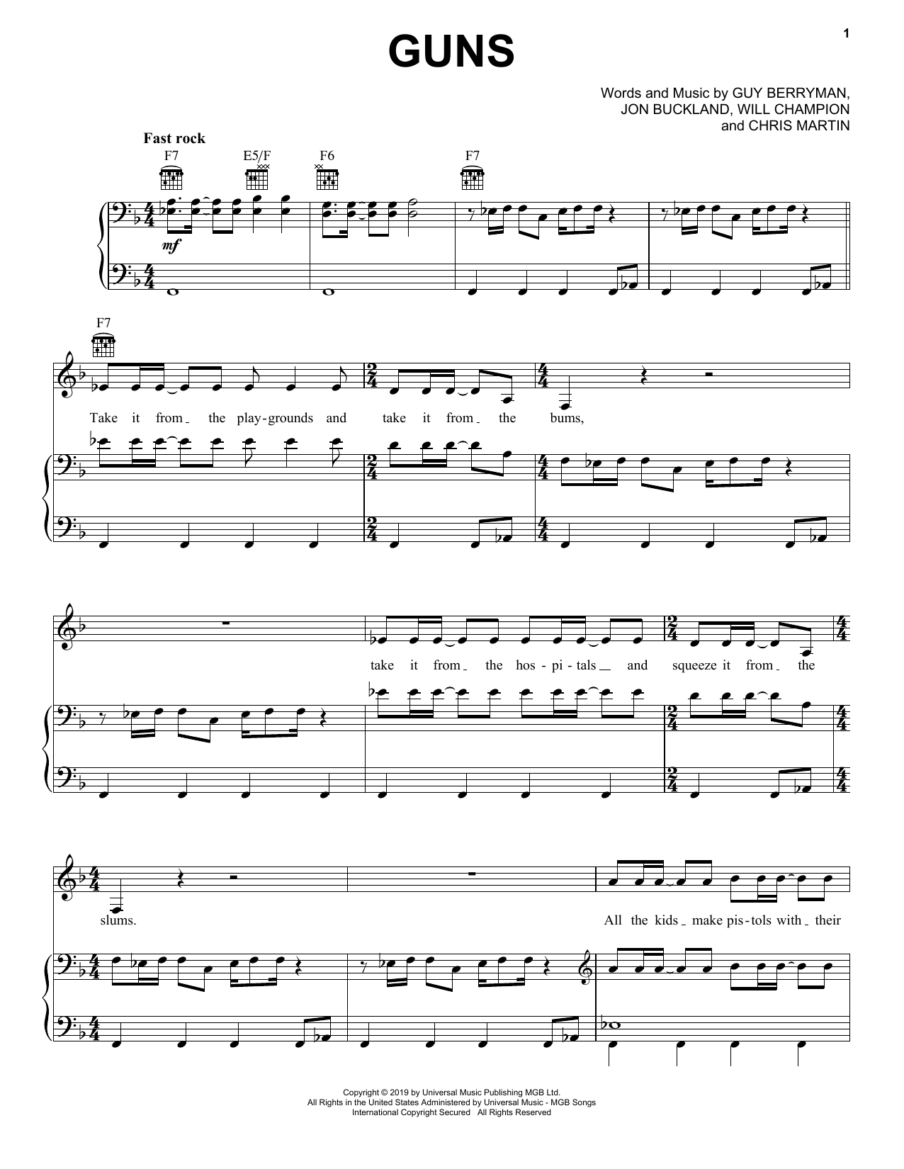 Coldplay Guns sheet music notes and chords arranged for Piano, Vocal & Guitar Chords (Right-Hand Melody)