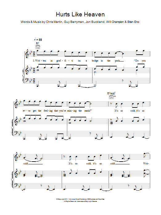 Coldplay Hurts Like Heaven sheet music notes and chords arranged for Piano, Vocal & Guitar Chords